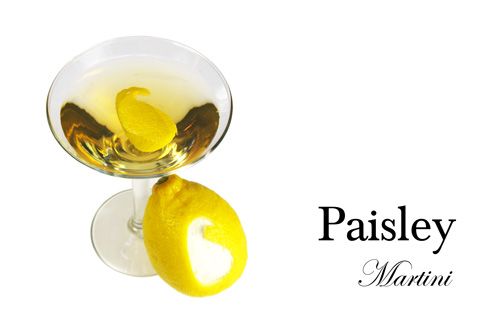 Paisley Martini with teardrop pattern cocktail garnish.
